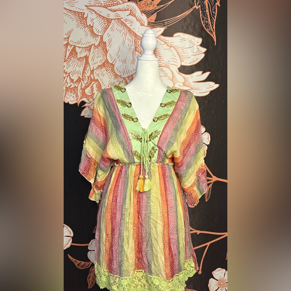 Multicolor Striped V-Neck Summer Dress with Decorative Tassel & Sequin Accents
